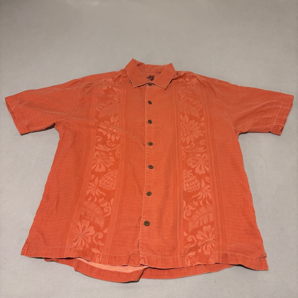 Tommy Bahama Mens Large Burnt Orange 100% Silk Tropical Jacquard Camp Shirt